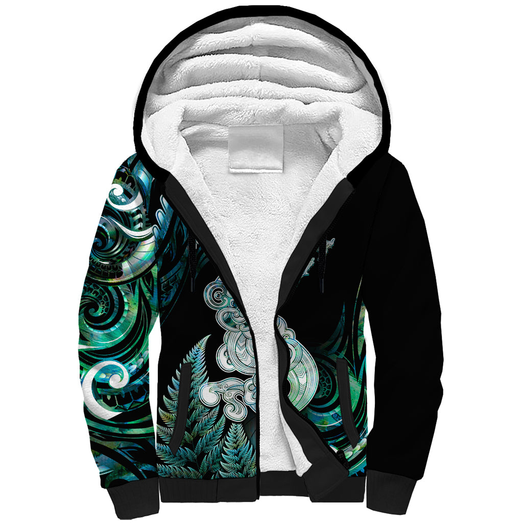 Personalised New Zealand Maori Taniwha Sherpa Hoodie Silver Fern Paua Shell Version