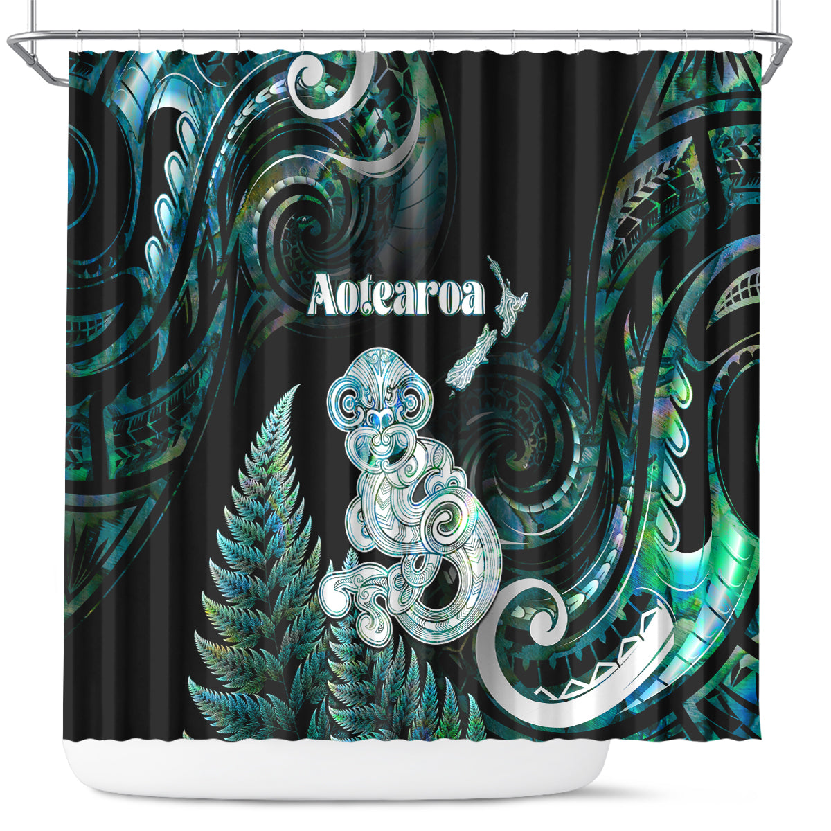 New Zealand Maori Taniwha Shower Curtain Silver Fern Paua Shell Version