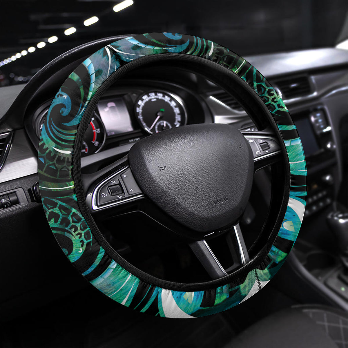 New Zealand Maori Taniwha Steering Wheel Cover Silver Fern Paua Shell Version