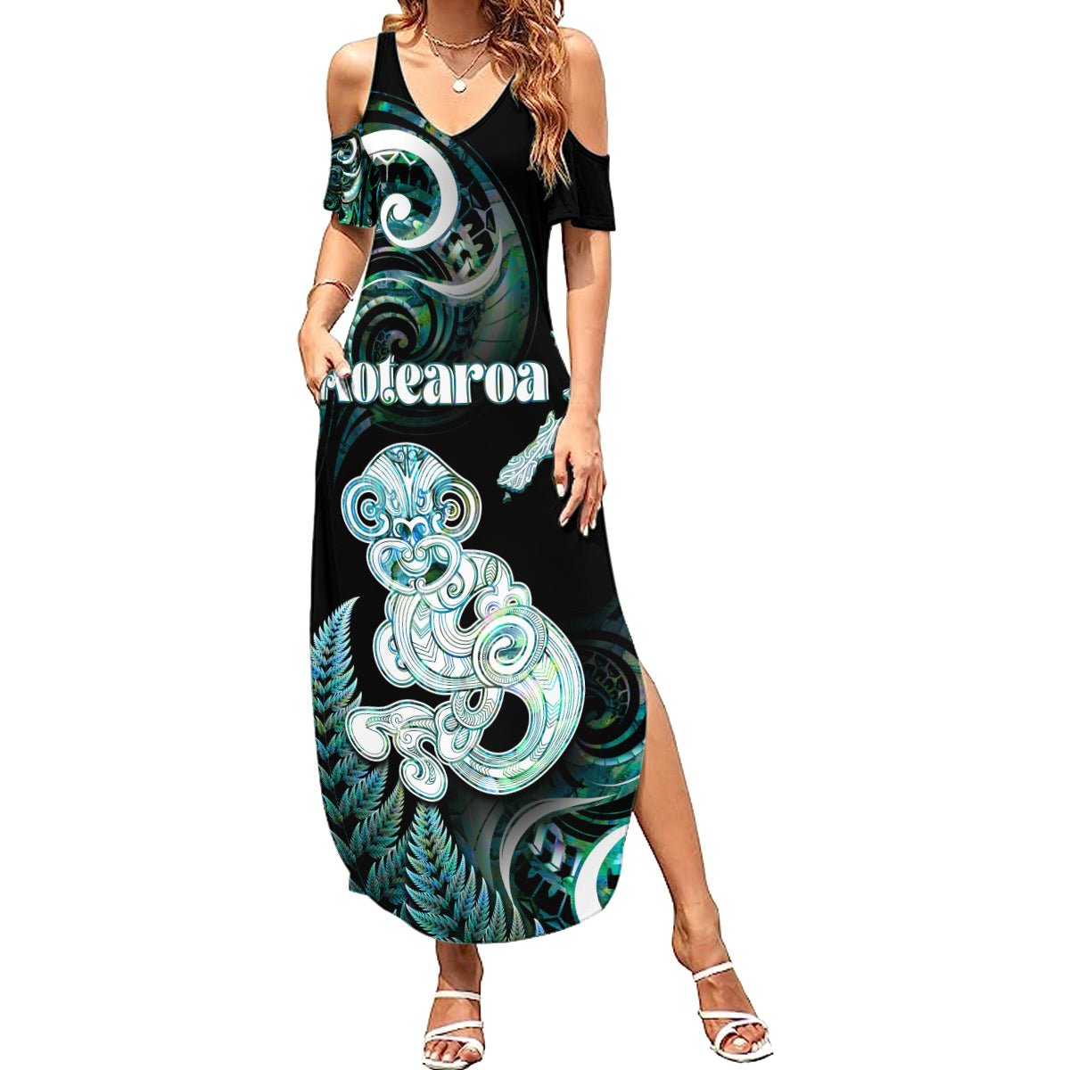 Personalised New Zealand Maori Taniwha Summer Maxi Dress Silver Fern Paua Shell Version