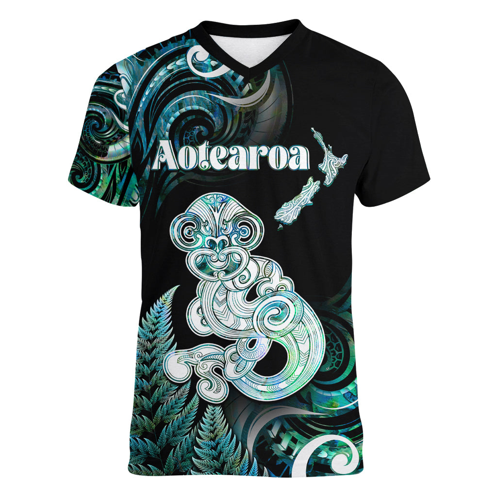 Personalised New Zealand Maori Taniwha Women V-Neck T-Shirt Silver Fern Paua Shell Version