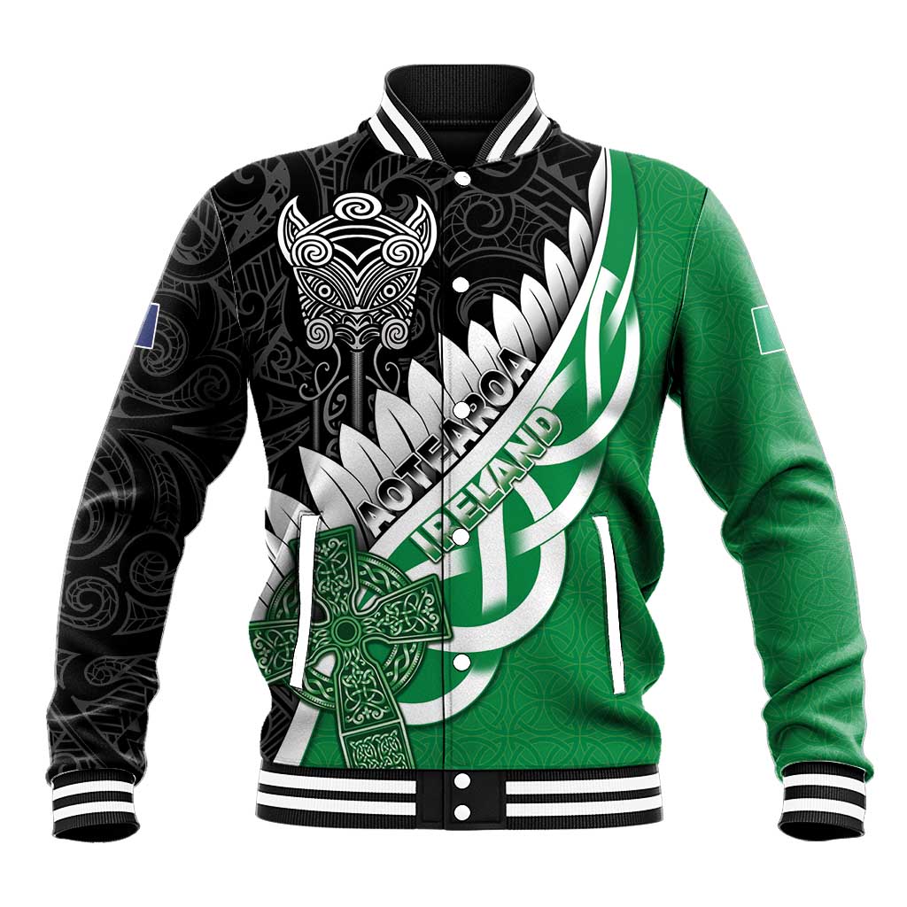 New Zealand And Ireland Rugby Custom Baseball Jacket Silver Fern With Celtic Cross LT05 Unisex Green - Polynesian Pride