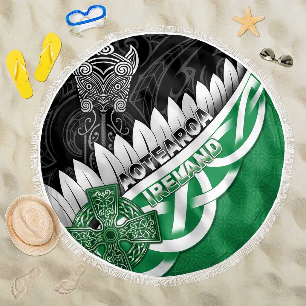 New Zealand And Ireland Rugby Beach Blanket Silver Fern With Celtic Cross LT05 One Size 150cm Green - Polynesian Pride