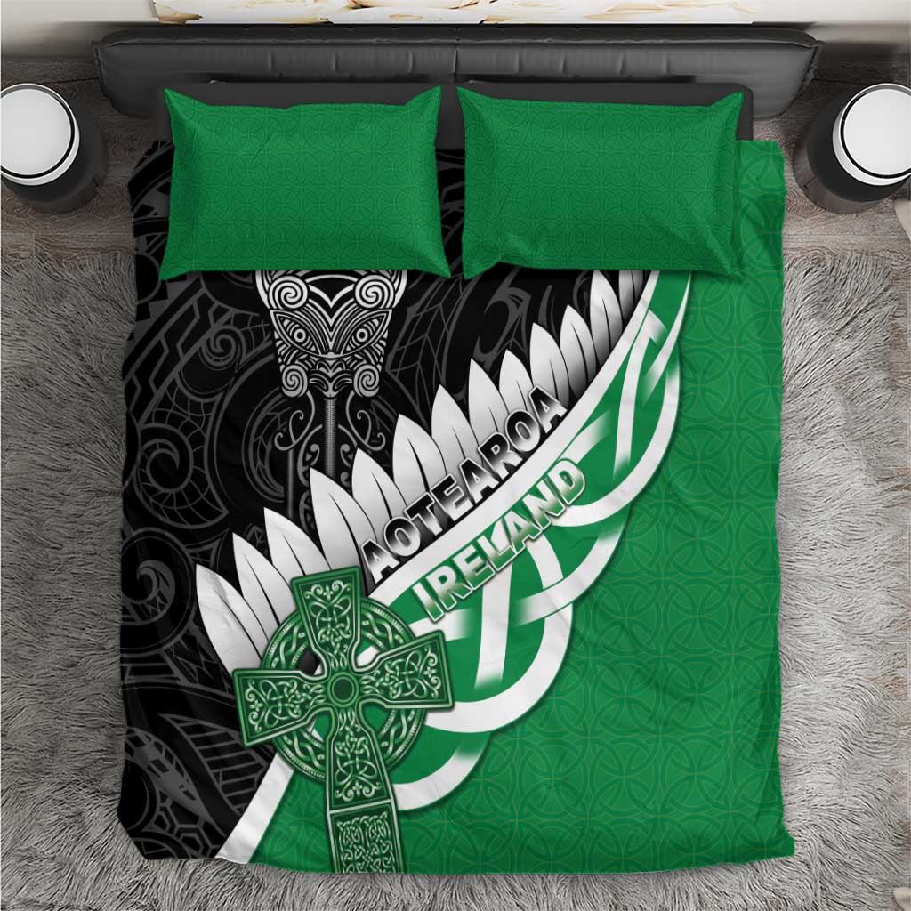 New Zealand And Ireland Rugby Bedding Set Silver Fern With Celtic Cross LT05 Green - Polynesian Pride
