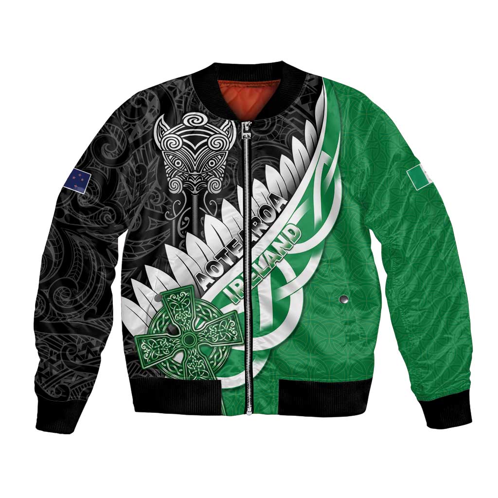 New Zealand And Ireland Rugby Custom Bomber Jacket Silver Fern With Celtic Cross LT05 Unisex Green - Polynesian Pride