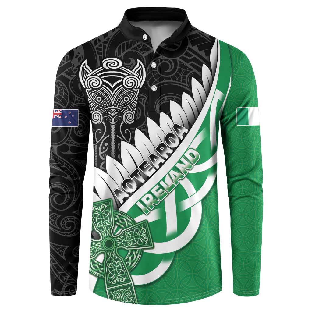 New Zealand And Ireland Rugby Custom Button Sweatshirt Silver Fern With Celtic Cross LT05 Green - Polynesian Pride