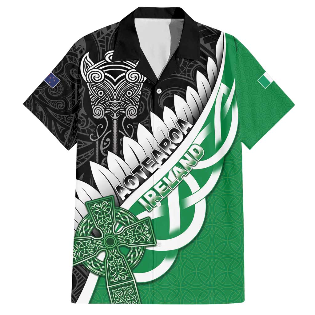New Zealand And Ireland Rugby Custom Hawaiian Shirt Silver Fern With Celtic Cross LT05 Green - Polynesian Pride