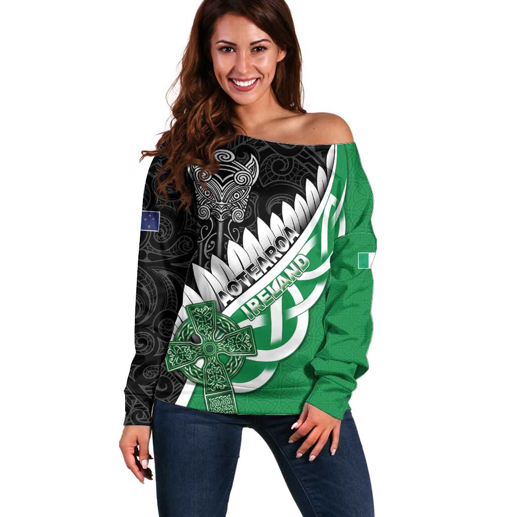 New Zealand And Ireland Rugby Custom Off Shoulder Sweater Silver Fern With Celtic Cross LT05 Women Green - Polynesian Pride