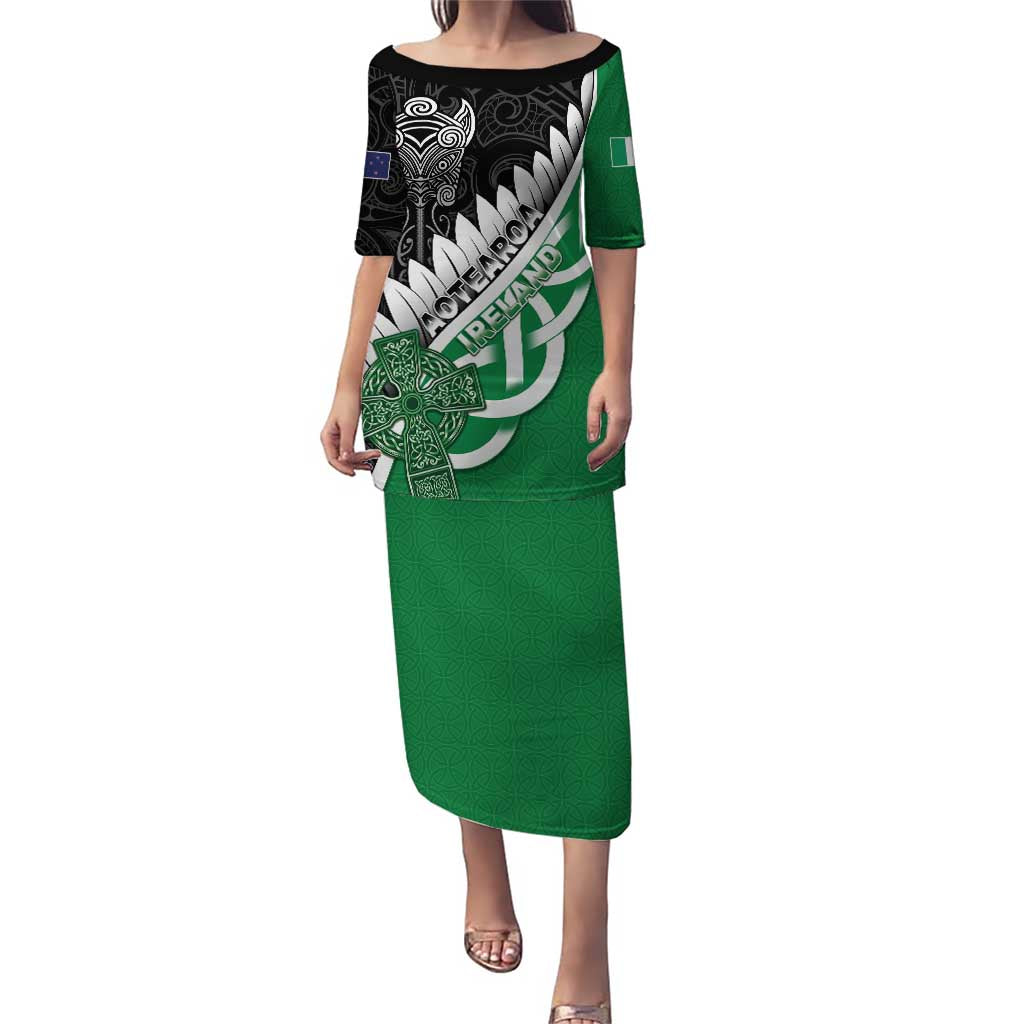 New Zealand And Ireland Rugby Custom Puletasi Silver Fern With Celtic Cross LT05 Long Dress Green - Polynesian Pride