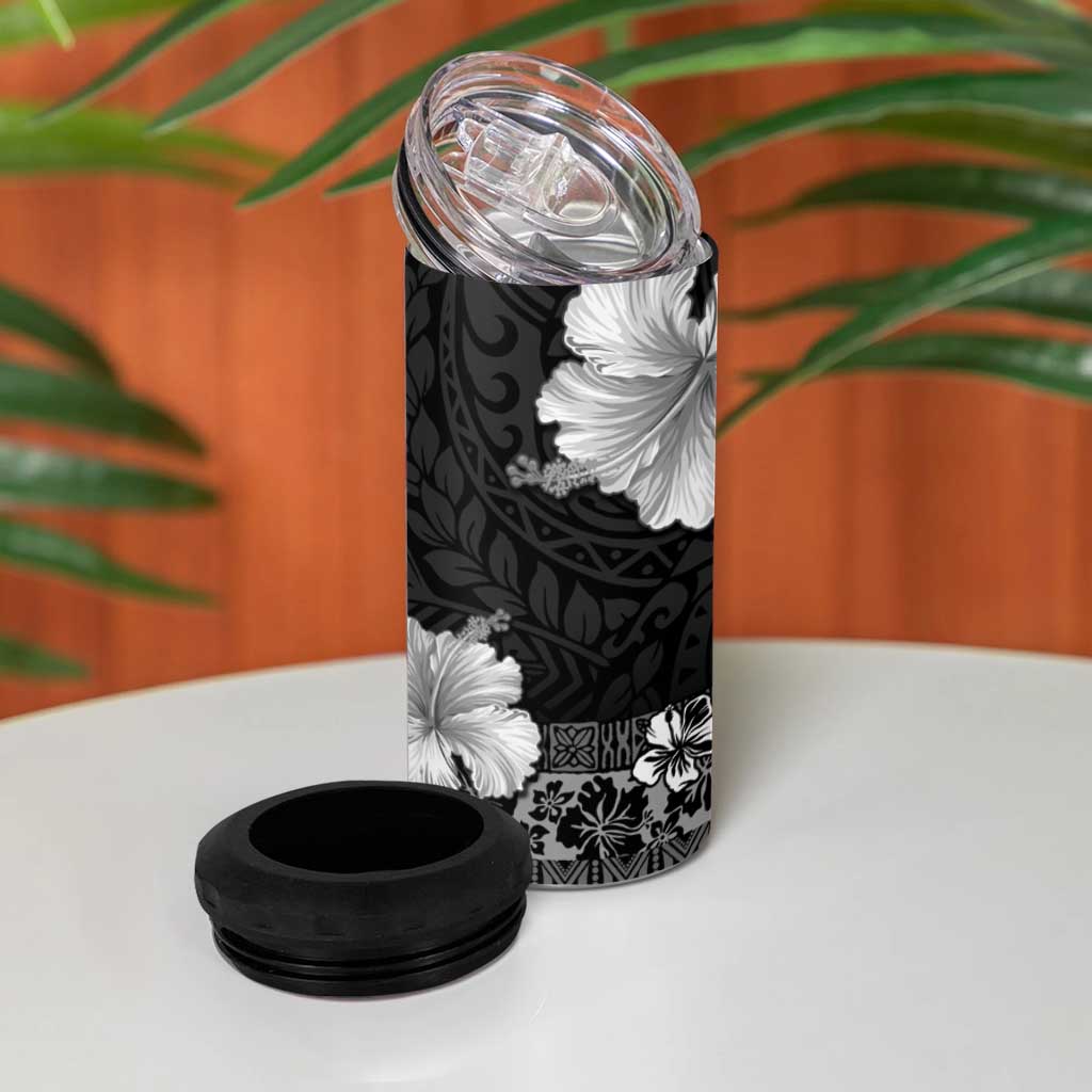 Hawaii Hibiscus With Black Polynesian Pattern 4 in 1 Can Cooler Tumbler LT05 - Polynesian Pride