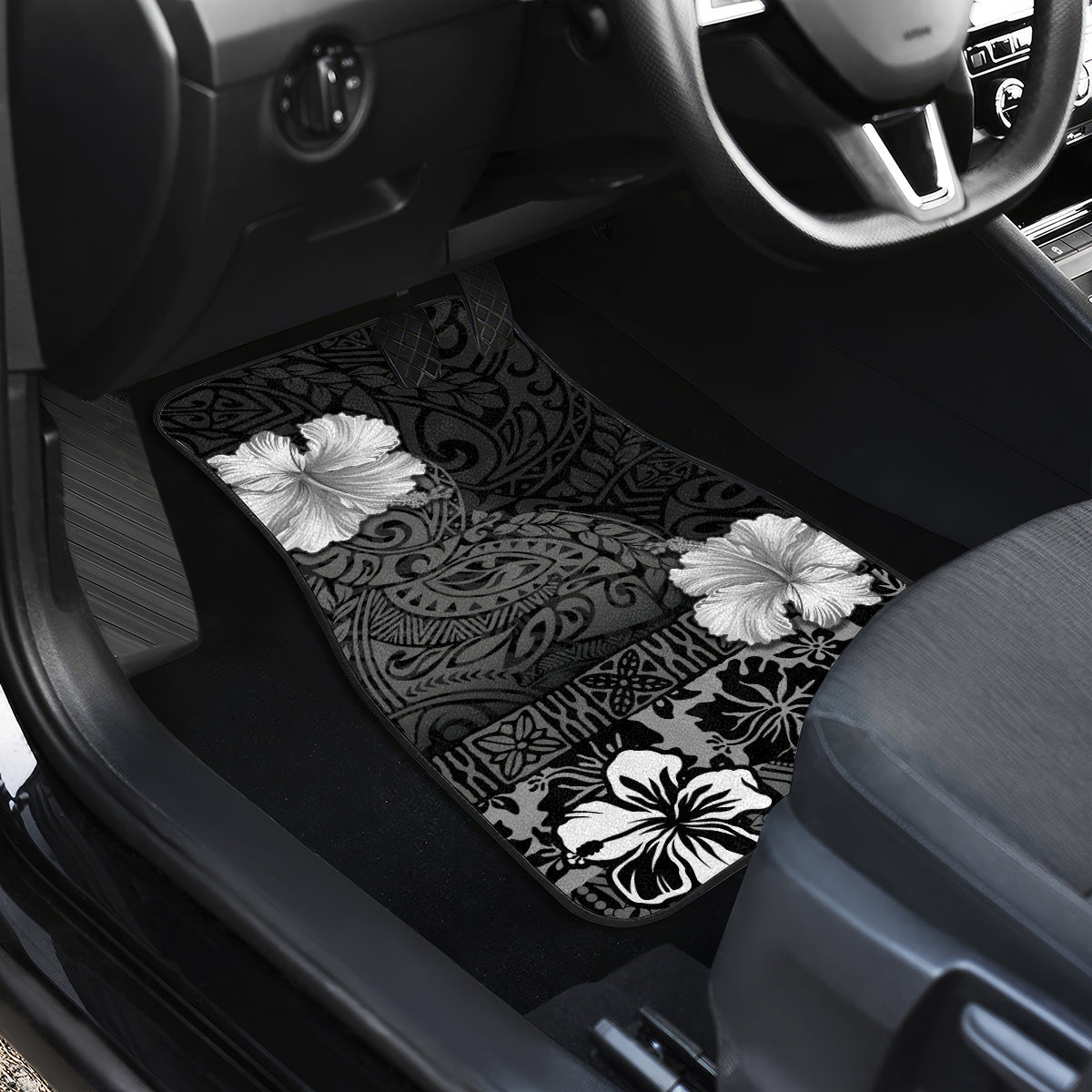 Hawaii Hibiscus With Black Polynesian Pattern Car Mats LT05 - Polynesian Pride