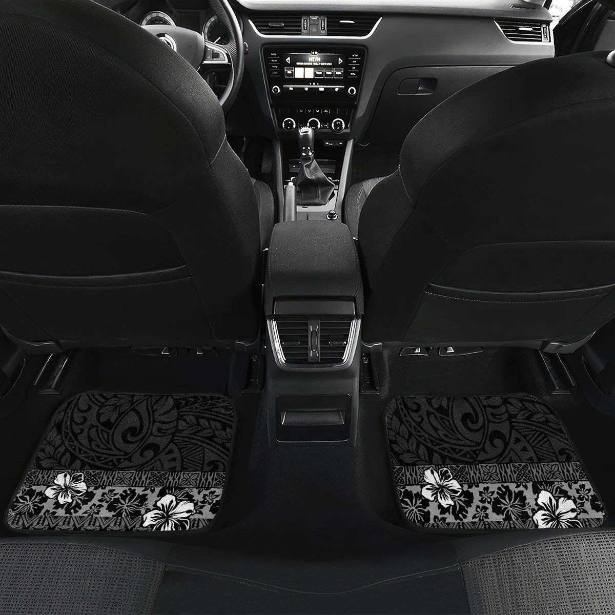 Hawaii Hibiscus With Black Polynesian Pattern Car Mats LT05 Set 2pcs - Back Black - Polynesian Pride