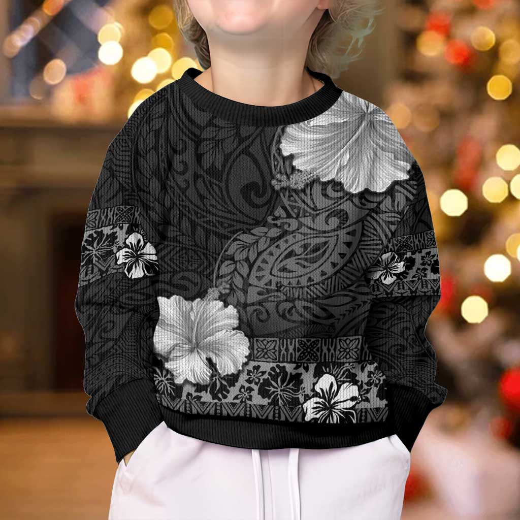 Hawaii Hibiscus With Black Polynesian Pattern Kid Ugly Christmas Sweater LT05 - Polynesian Pride