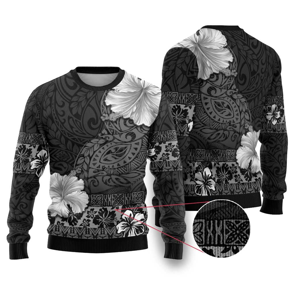 Hawaii Hibiscus With Black Polynesian Pattern Ugly Christmas Sweater LT05 Black - Polynesian Pride