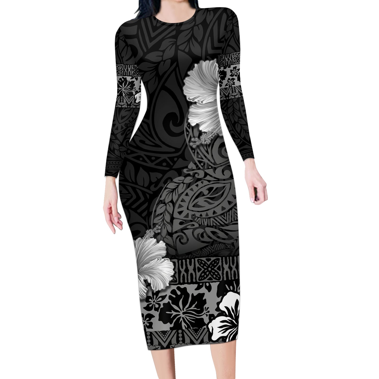 Hawaii Hibiscus With Black Polynesian Pattern Long Sleeve Bodycon Dress LT05 Long Dress Black - Polynesian Pride