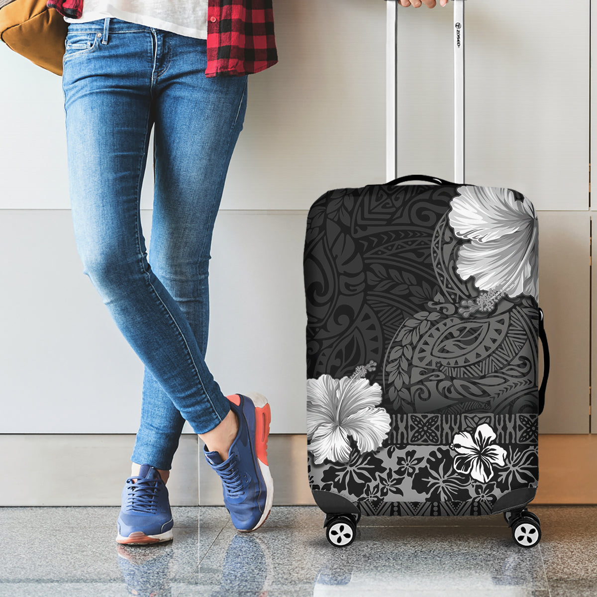 Hawaii Hibiscus With Black Polynesian Pattern Luggage Cover LT05 - Polynesian Pride