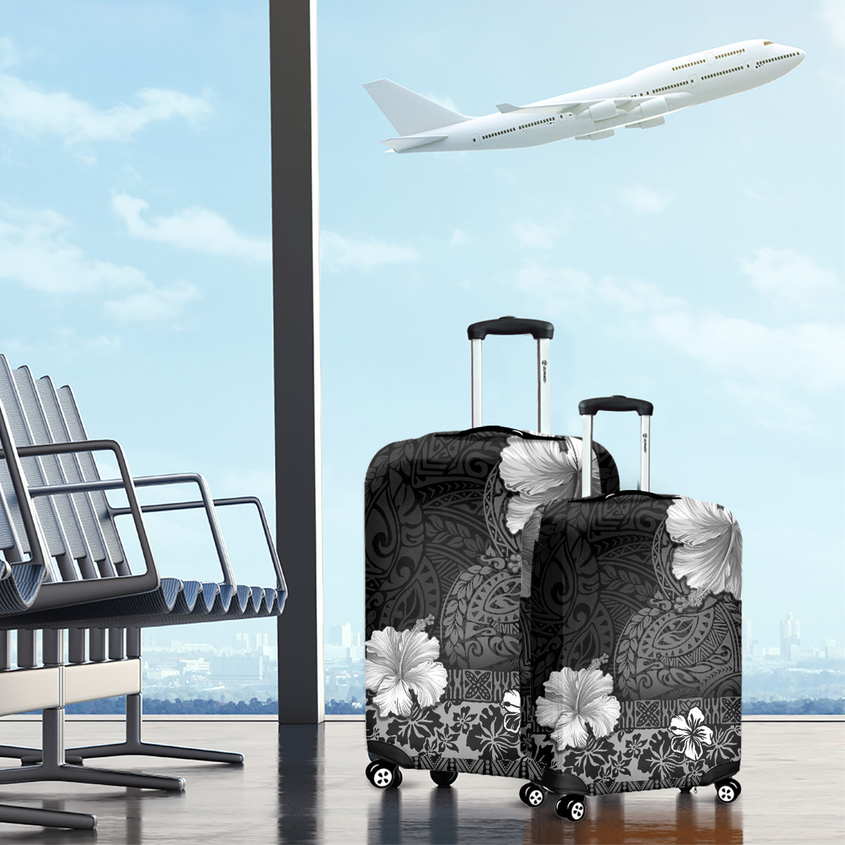 Hawaii Hibiscus With Black Polynesian Pattern Luggage Cover LT05 - Polynesian Pride