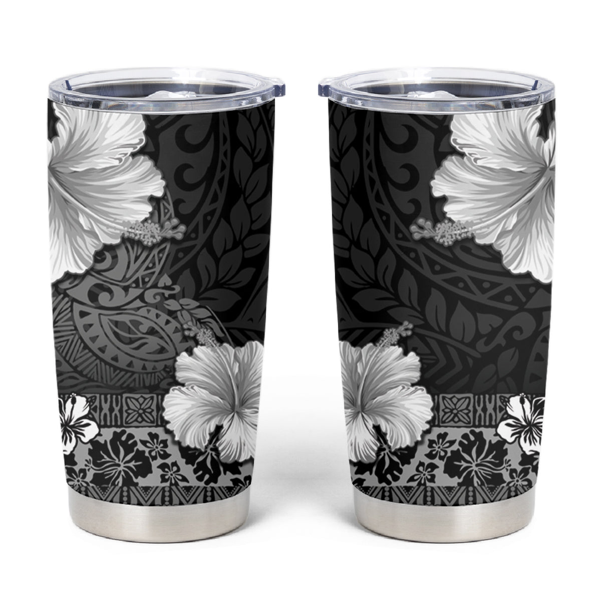 Hawaii Hibiscus With Black Polynesian Pattern Tumbler Cup LT05 Black - Polynesian Pride