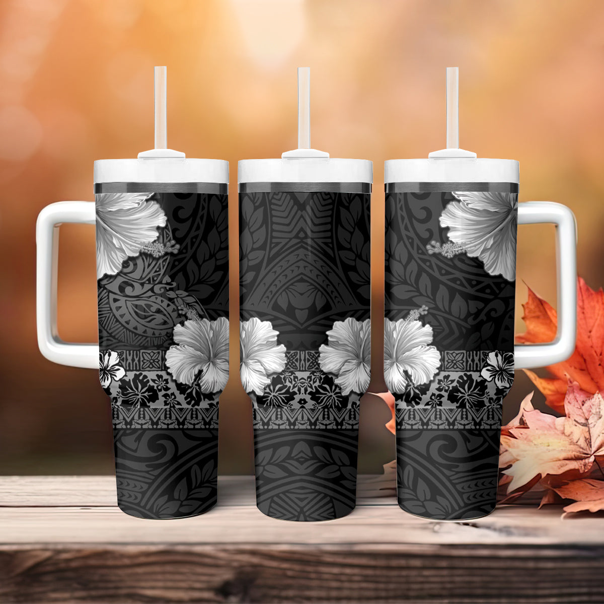 Hawaii Hibiscus With Black Polynesian Pattern Tumbler With Handle LT05 - Polynesian Pride