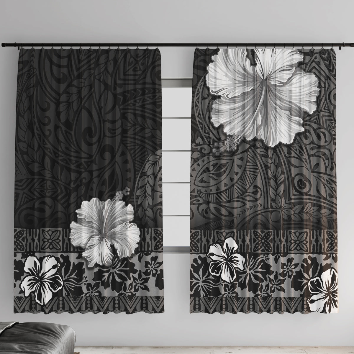 Hawaii Hibiscus With Black Polynesian Pattern Window Curtain LT05 With Hooks Black - Polynesian Pride