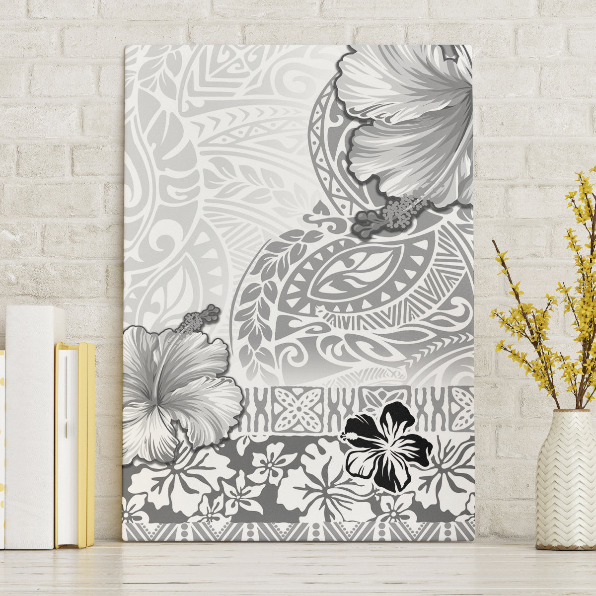 Hawaii Hibiscus With White Polynesian Pattern Canvas Wall Art LT05 Without Frame White - Polynesian Pride