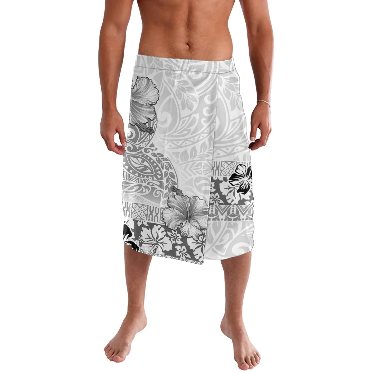 Hawaii Hibiscus With White Polynesian Pattern Lavalava LT05 White - Polynesian Pride