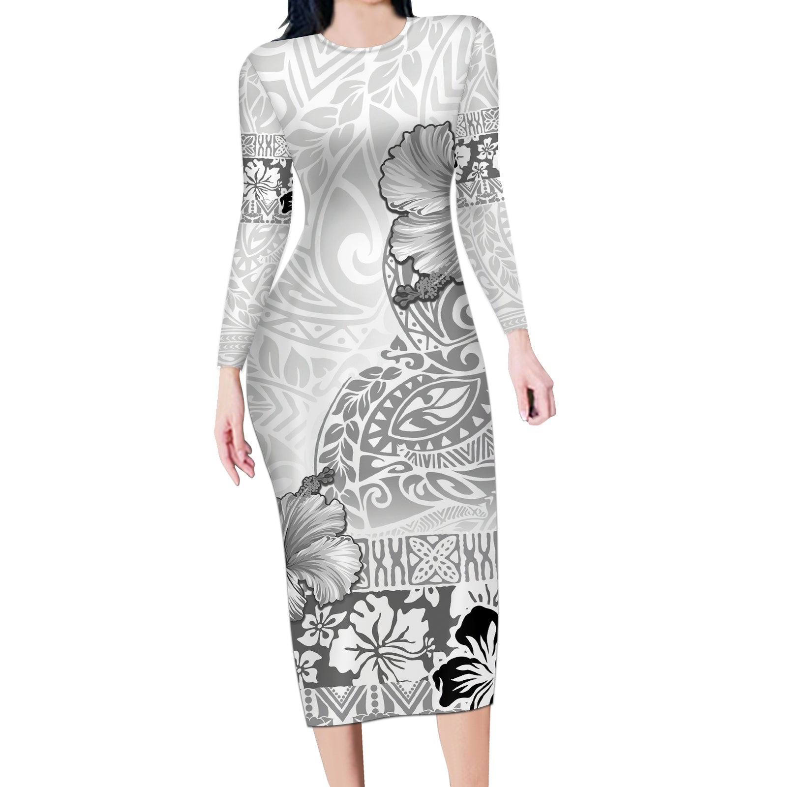Hawaii Hibiscus With White Polynesian Pattern Long Sleeve Bodycon Dress LT05 Long Dress White - Polynesian Pride