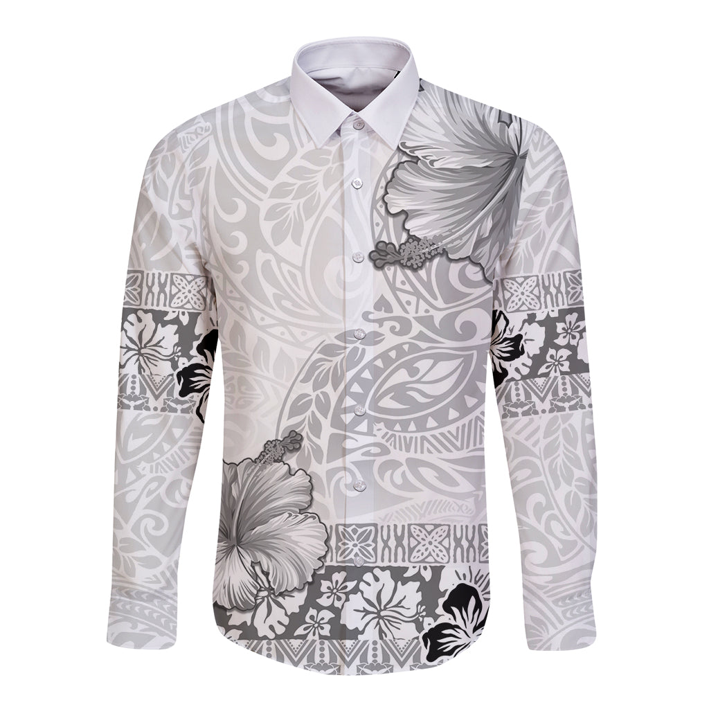 Hawaii Hibiscus With White Polynesian Pattern Long Sleeve Button Shirt LT05 Unisex White - Polynesian Pride