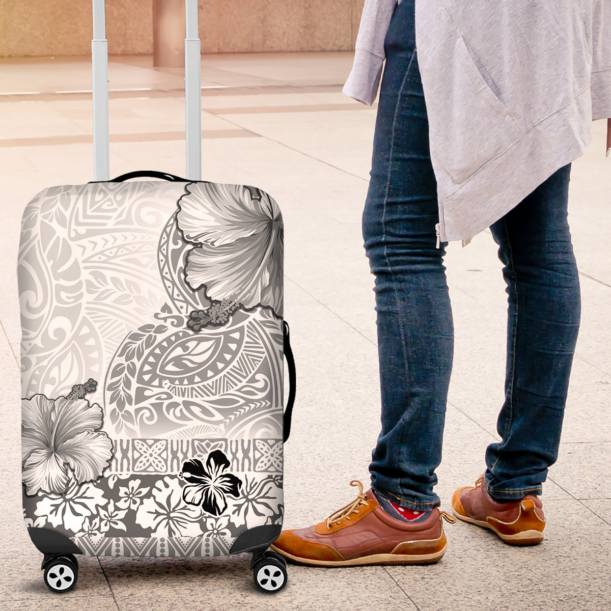 Hawaii Hibiscus With White Polynesian Pattern Luggage Cover LT05 White - Polynesian Pride