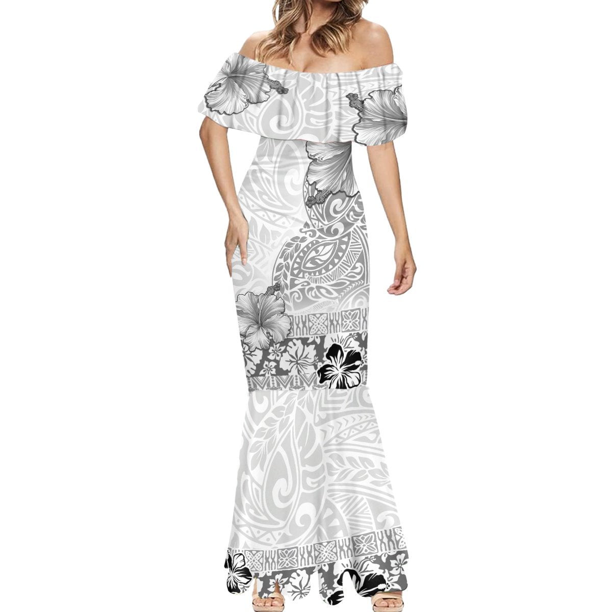 Hawaii Hibiscus With White Polynesian Pattern Mermaid Dress LT05 - Polynesian Pride