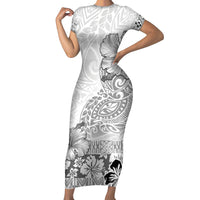 Hawaii Hibiscus With White Polynesian Pattern Short Sleeve Bodycon Dress LT05 Long Dress White - Polynesian Pride