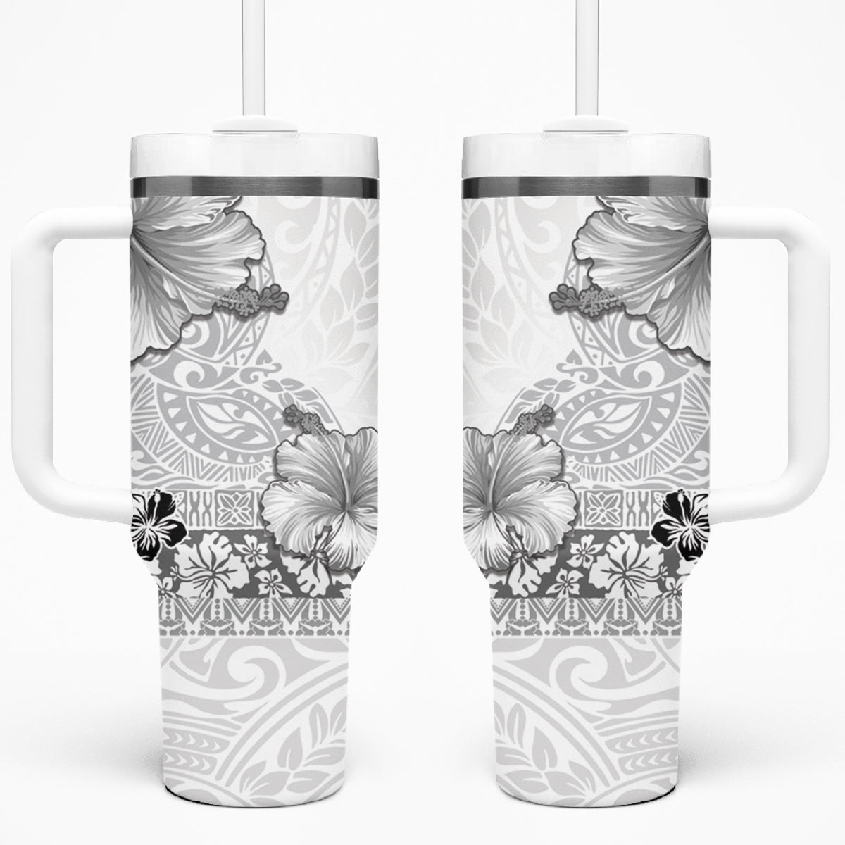 Hawaii Hibiscus With White Polynesian Pattern Tumbler With Handle LT05 One Size: 40 oz White - Polynesian Pride