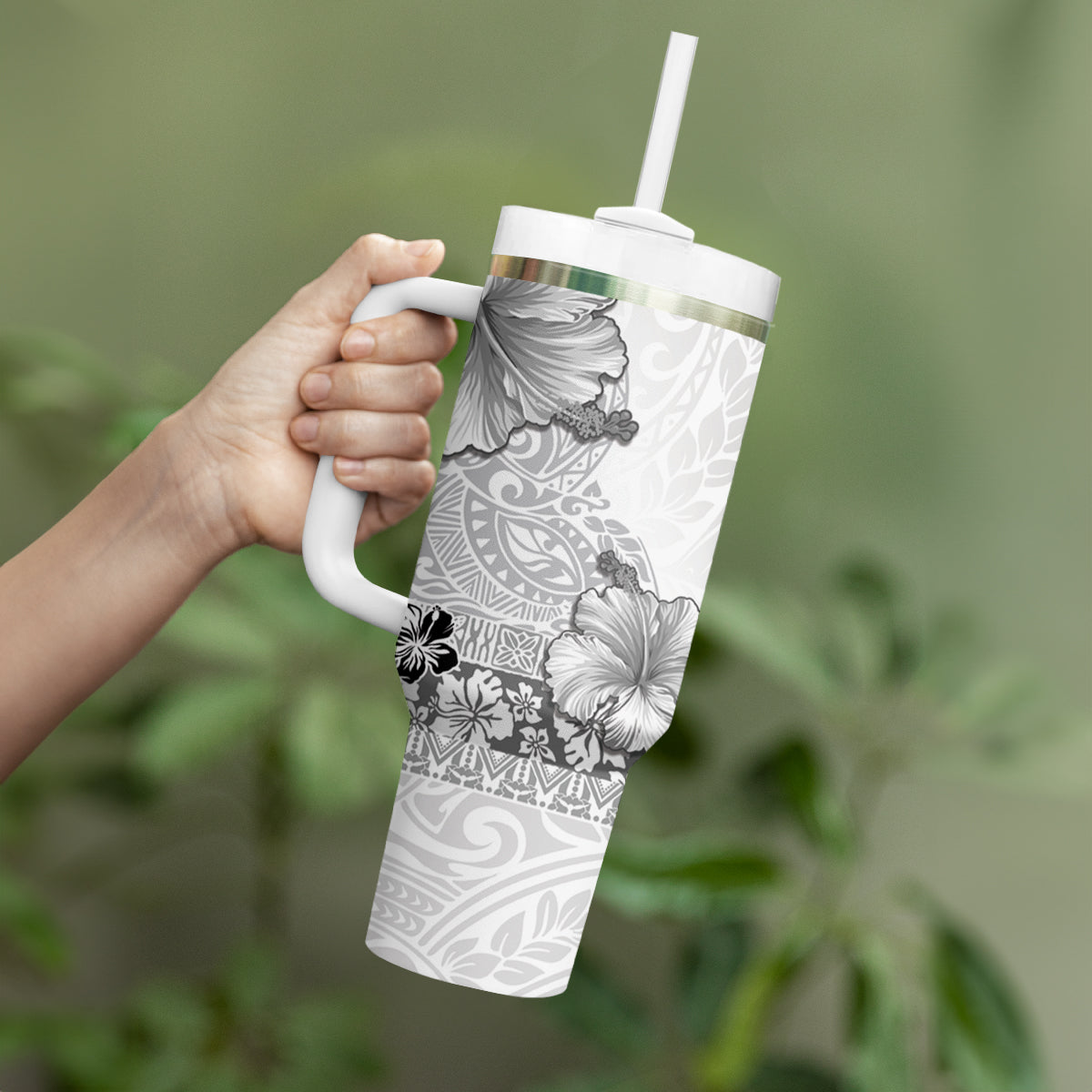 Hawaii Hibiscus With White Polynesian Pattern Tumbler With Handle LT05 - Polynesian Pride