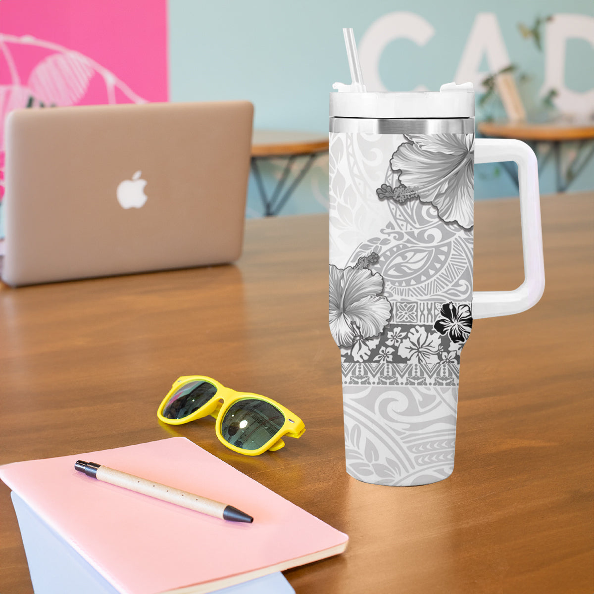 Hawaii Hibiscus With White Polynesian Pattern Tumbler With Handle LT05 - Polynesian Pride