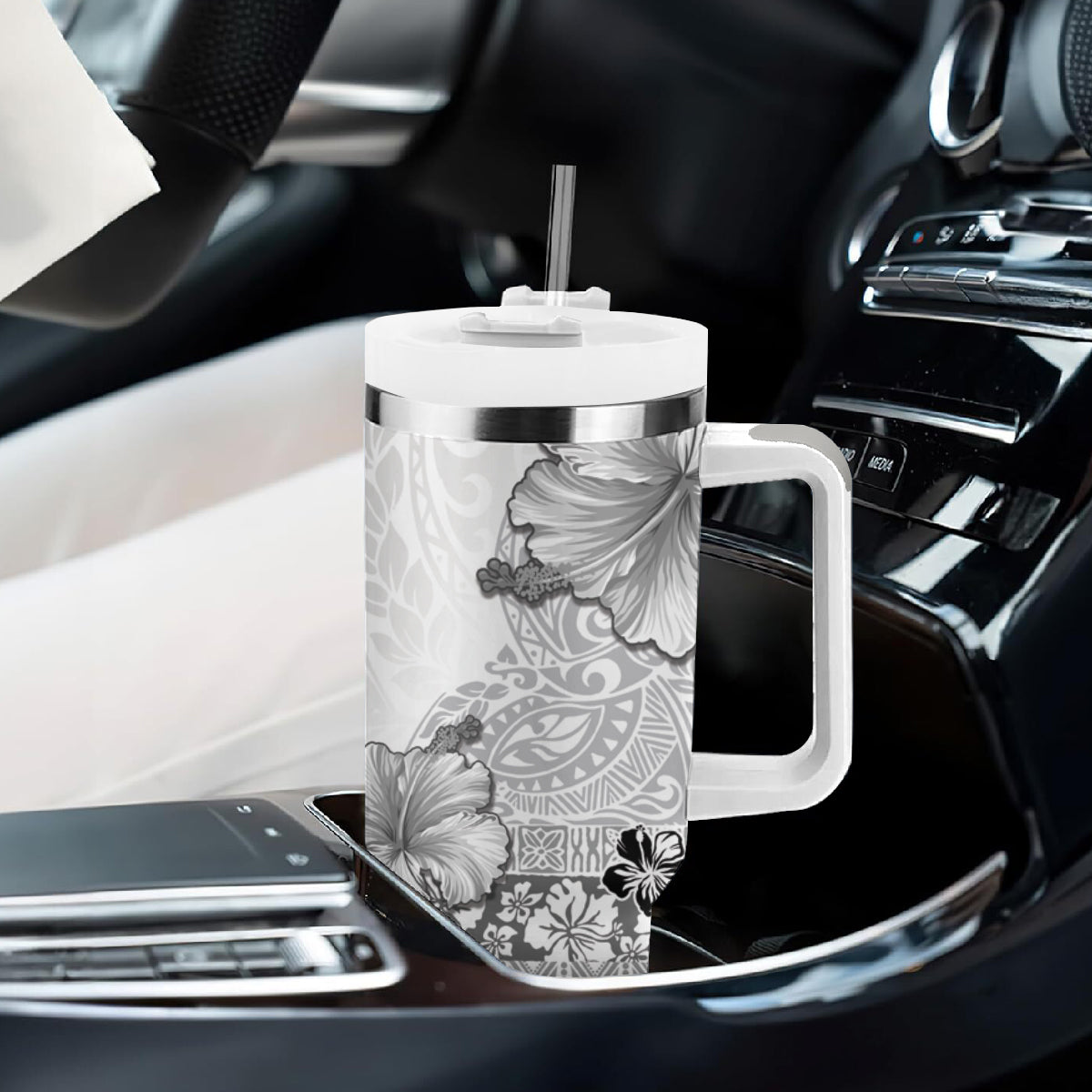 Hawaii Hibiscus With White Polynesian Pattern Tumbler With Handle LT05 - Polynesian Pride
