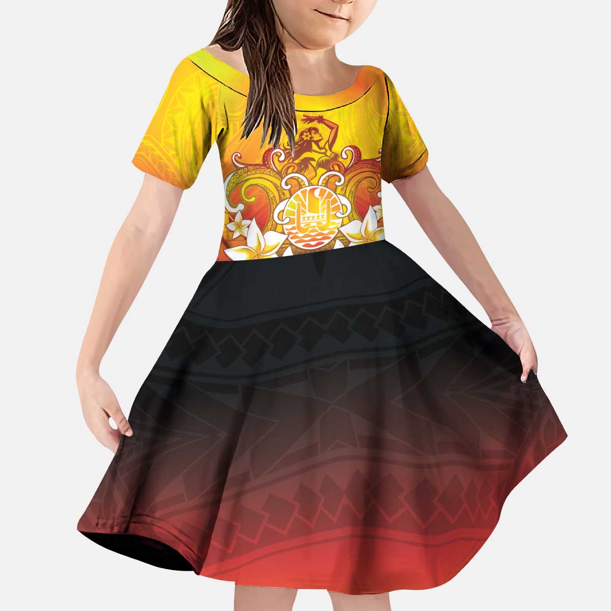 Tahiti Heiva Festival Kid Short Sleeve Dress Tahitian Vahine Plumeria Flowers LT05 KID Yellow - Polynesian Pride