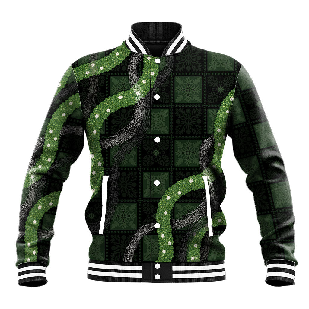 Hawaiian Quilt Baseball Jacket Pele Hair Hinahina Lei Black Version LT05 Unisex Black - Polynesian Pride