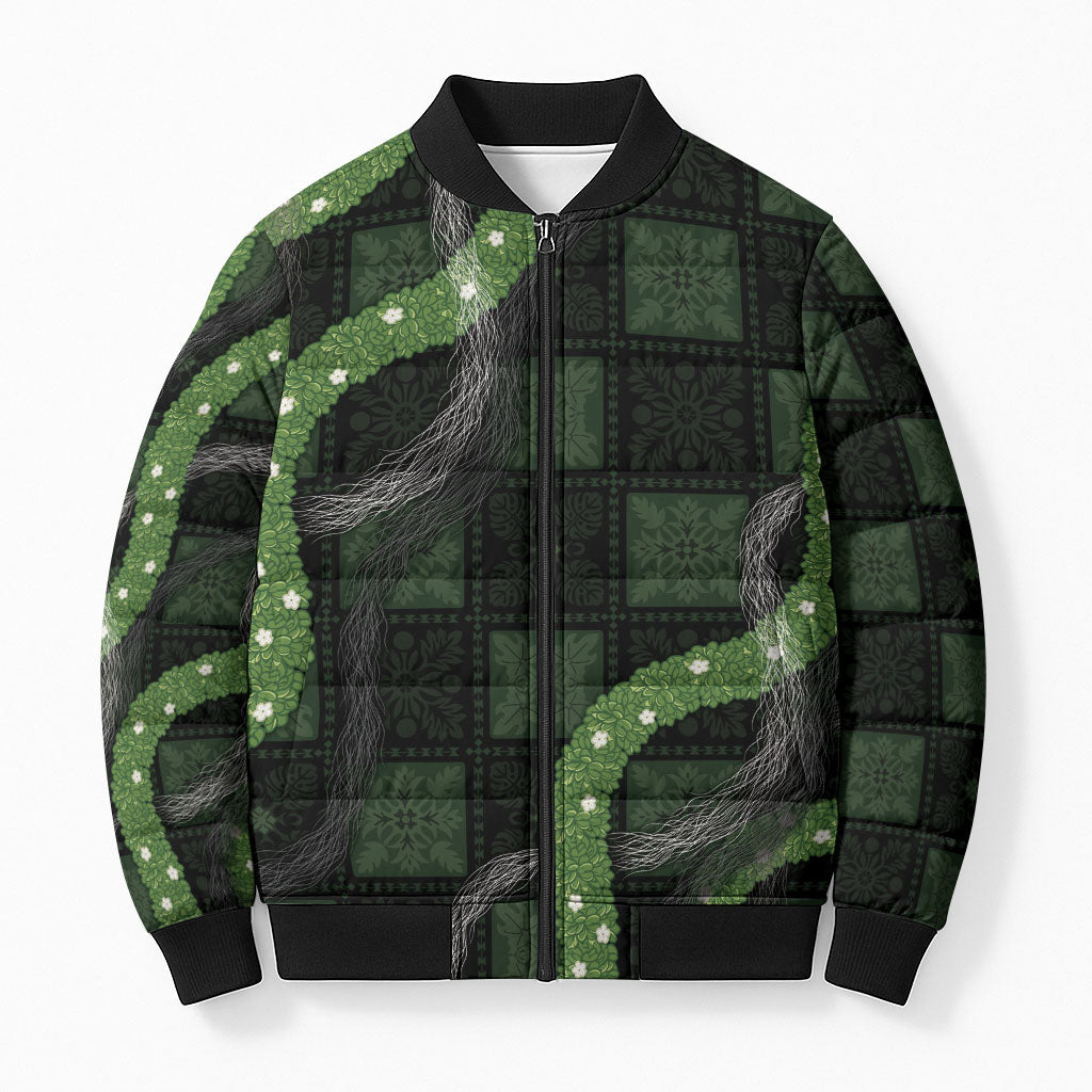Hawaiian Quilt Bomber Puffer Jacket Pele Hair Hinahina Lei Black Version LT05 Unisex Black - Polynesian Pride