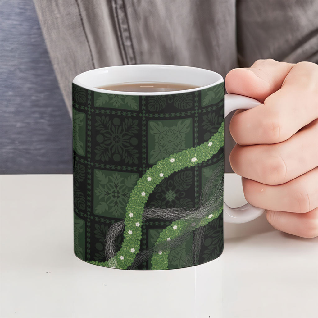 Hawaiian Quilt Ceramic Mug Pele Hair Hinahina Lei Black Version LT05 - Polynesian Pride
