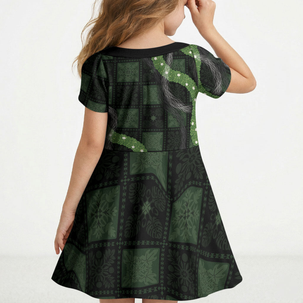 Hawaiian Quilt Kid Short Sleeve Dress Pele Hair Hinahina Lei Black Version LT05 - Polynesian Pride