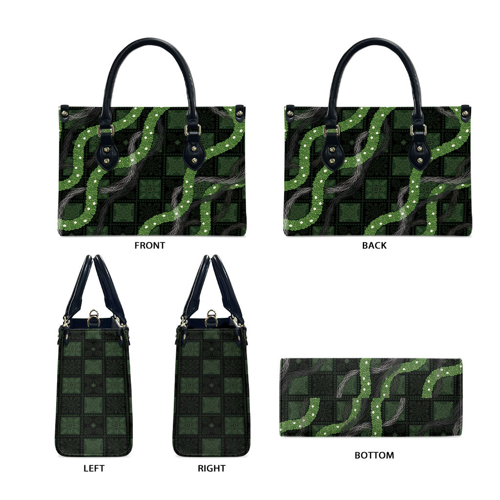 Hawaiian Quilt Leather Bag Pele Hair Hinahina Lei Black Version LT05 - Polynesian Pride