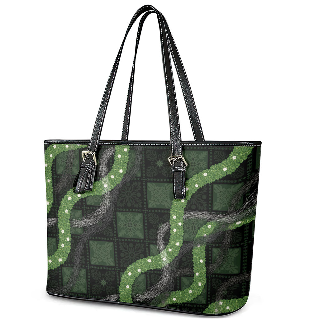Hawaiian Quilt Leather Tote Bag Pele Hair Hinahina Lei Black Version LT05 - Polynesian Pride