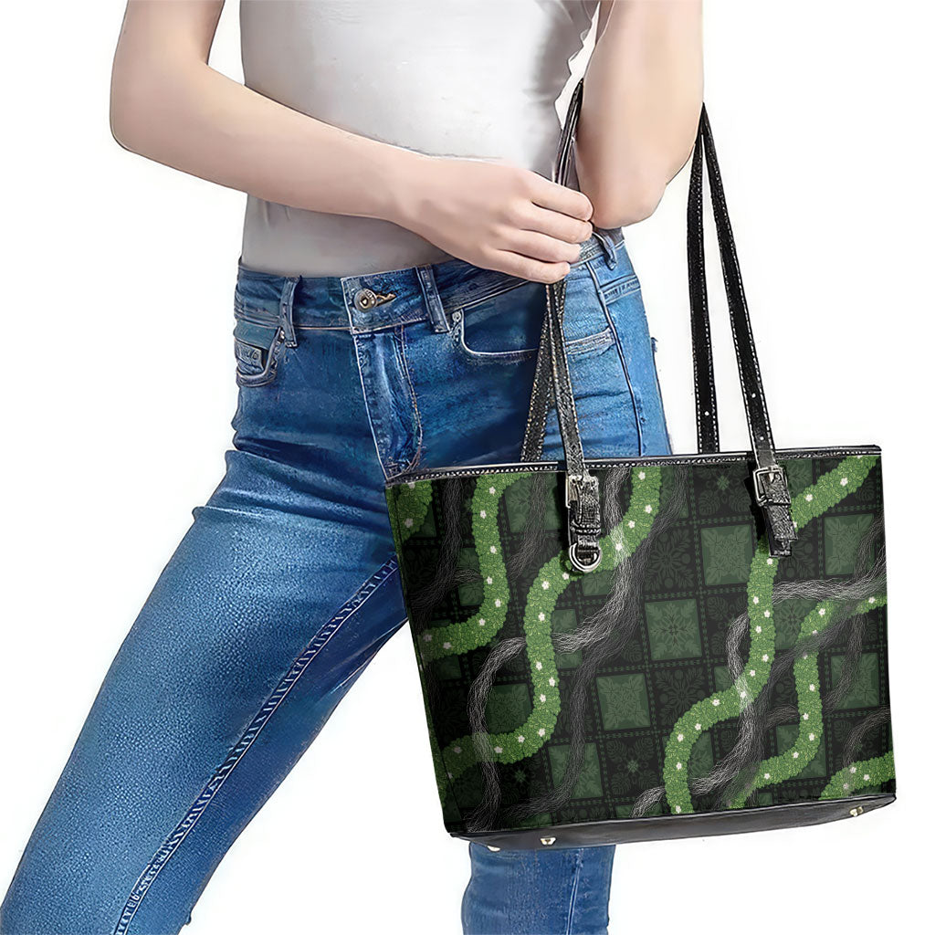 Hawaiian Quilt Leather Tote Bag Pele Hair Hinahina Lei Black Version LT05 - Polynesian Pride