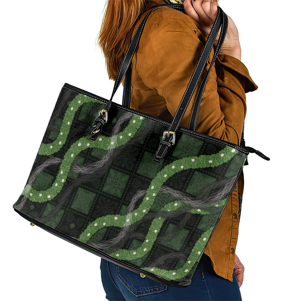 Hawaiian Quilt Leather Tote Bag Pele Hair Hinahina Lei Black Version LT05 - Polynesian Pride