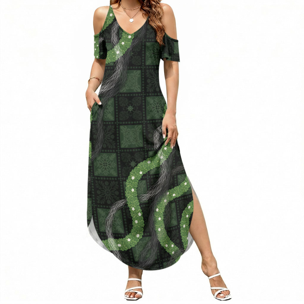 Hawaiian Quilt Summer Maxi Dress Pele Hair Hinahina Lei Black Version LT05 Women Black - Polynesian Pride