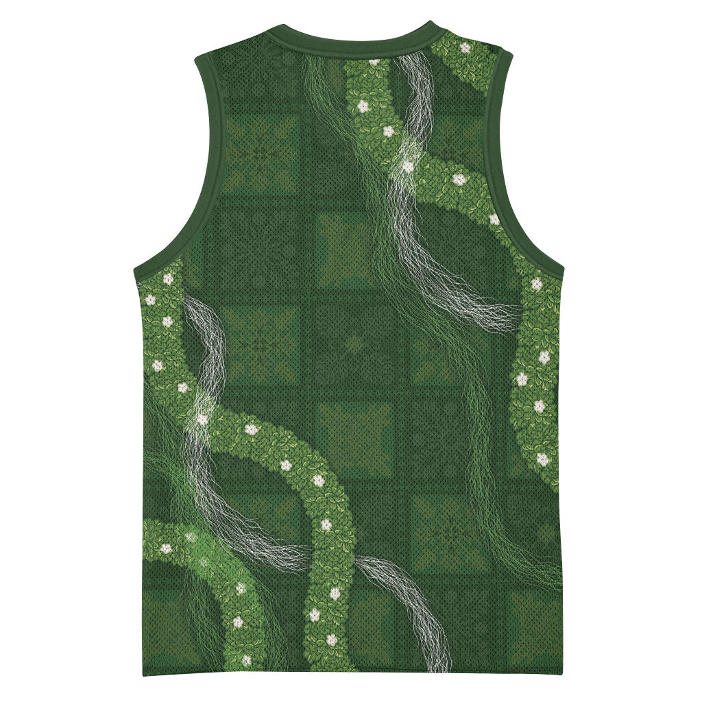 Hawaiian Quilt Basketball Jersey Pele Hair Hinahina Lei Green Version LT05 - Polynesian Pride