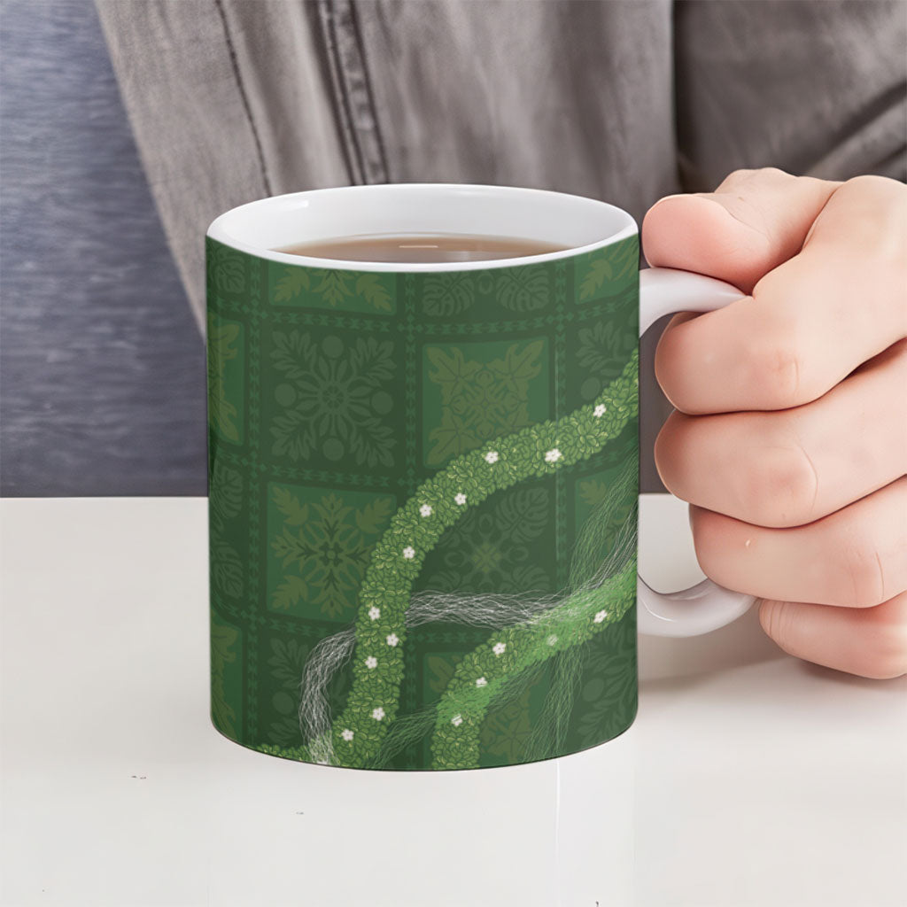 Hawaiian Quilt Ceramic Mug Pele Hair Hinahina Lei Green Version LT05 - Polynesian Pride