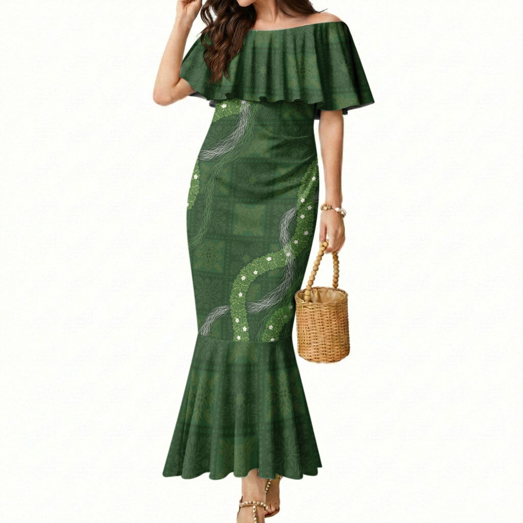 Hawaiian Quilt Mermaid Dress Pele Hair Hinahina Lei Green Version LT05 Women Green - Polynesian Pride