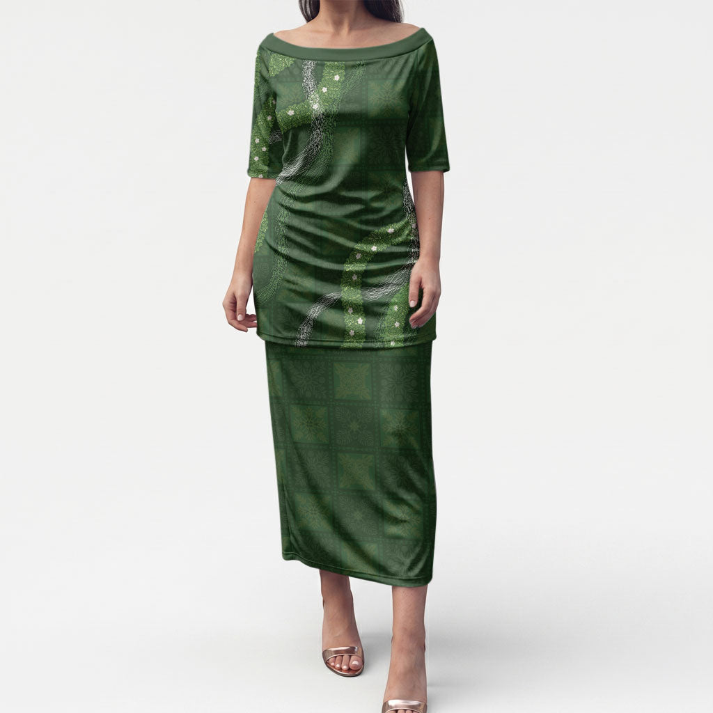 Hawaiian Quilt Puletasi Pele Hair Hinahina Lei Green Version LT05 Long Dress Green - Polynesian Pride