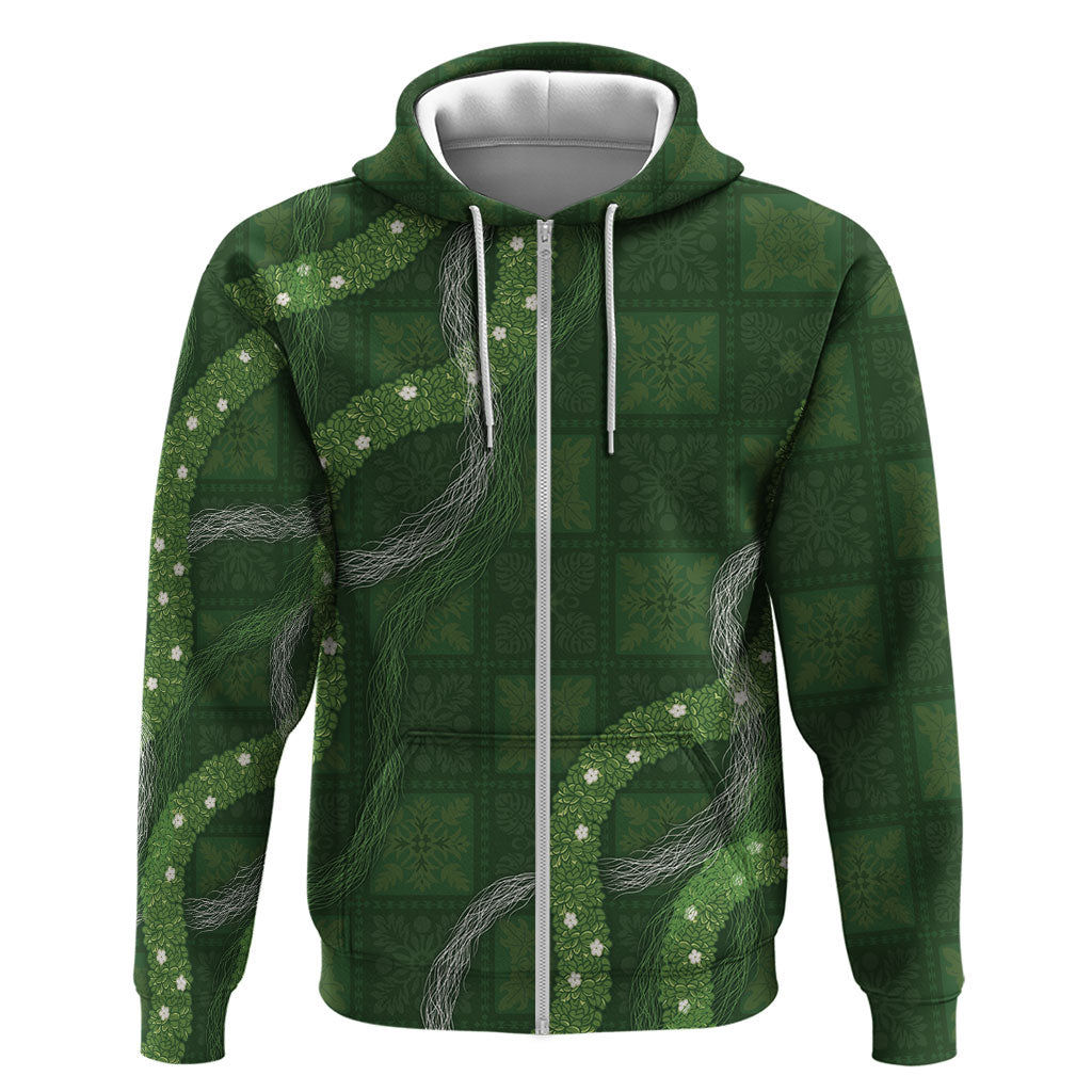 Hawaiian Quilt Zip Hoodie Pele Hair Hinahina Lei Green Version LT05 Zip Hoodie Green - Polynesian Pride